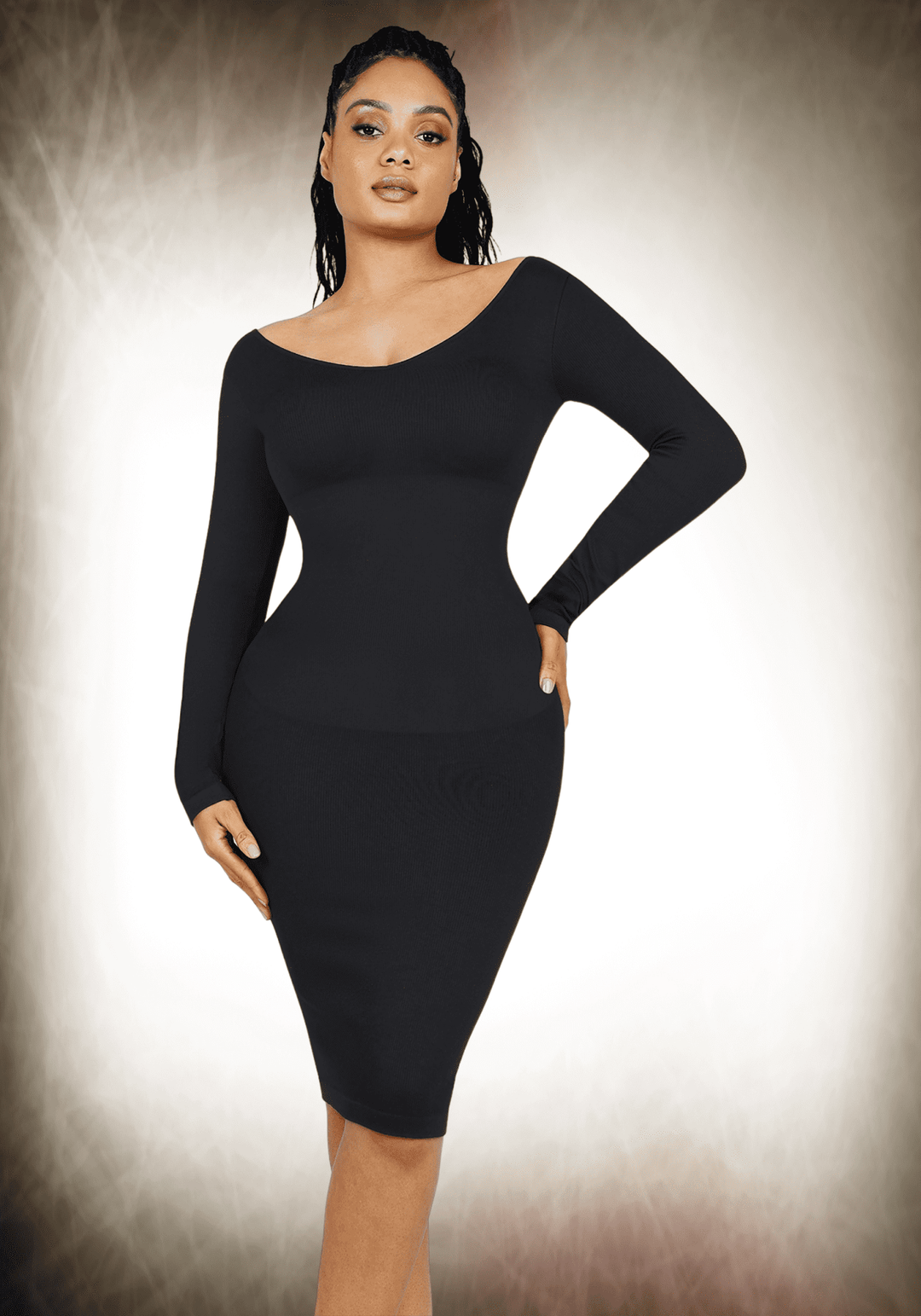 V-Neck Long Sleeve Body Shaper Dress