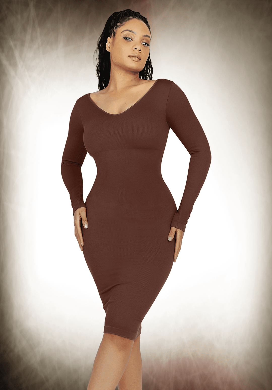 V-Neck Long Sleeve Body Shaper Dress