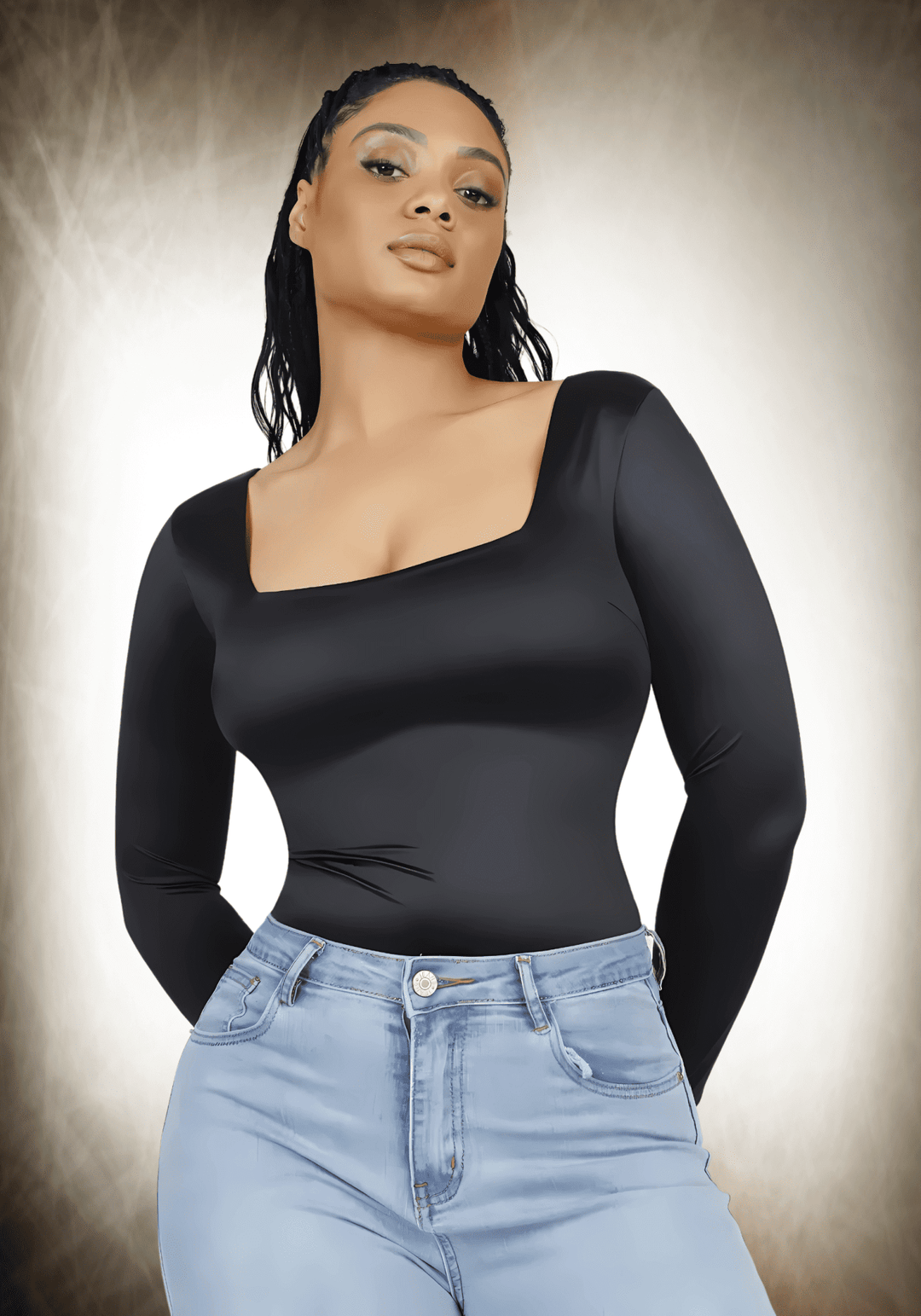 Square Neck Long Sleeve Satin Bodysuit