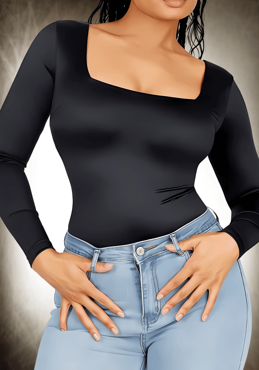 Square Neck Long Sleeve Satin Bodysuit