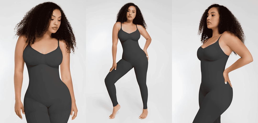 body shaper catsuit model wearing a dark seamless body shaper catsuit in three fashion poses