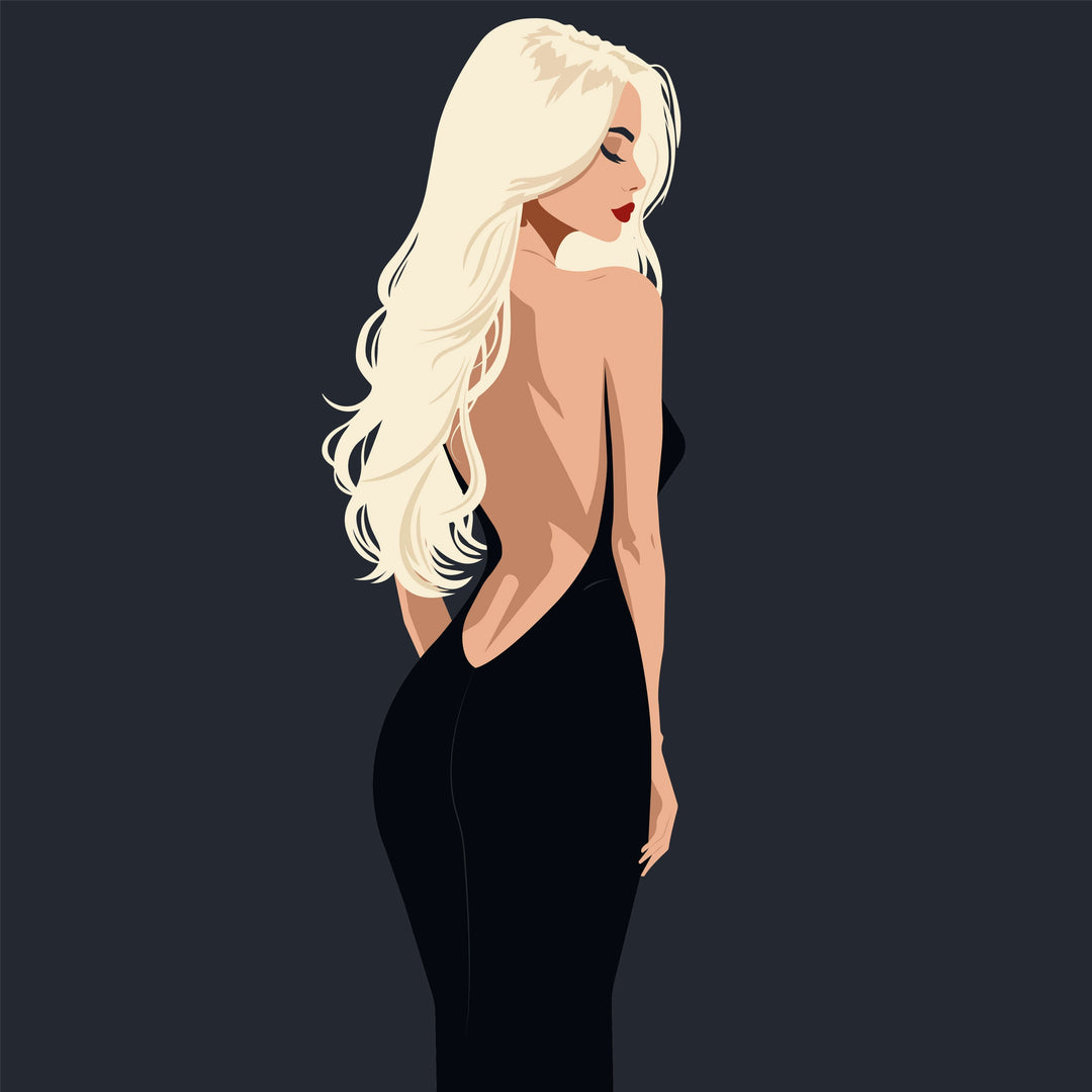 backless bodysuits style illustration of a blonde woman wearing a sleek black backless dress for summer fashion