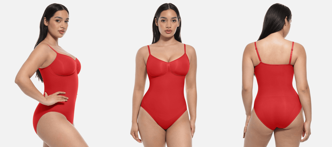 seamless thong bodysuit in red, sculpting one-piece shown front, side, and back views