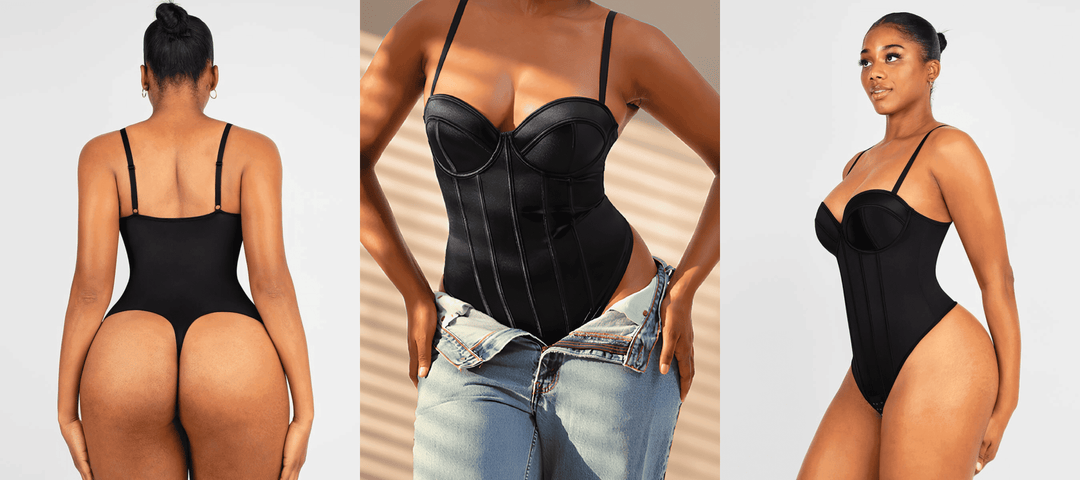 strapless bra-free bodysuit in black, showing a sculpting, seamless fit from back, front, and side views