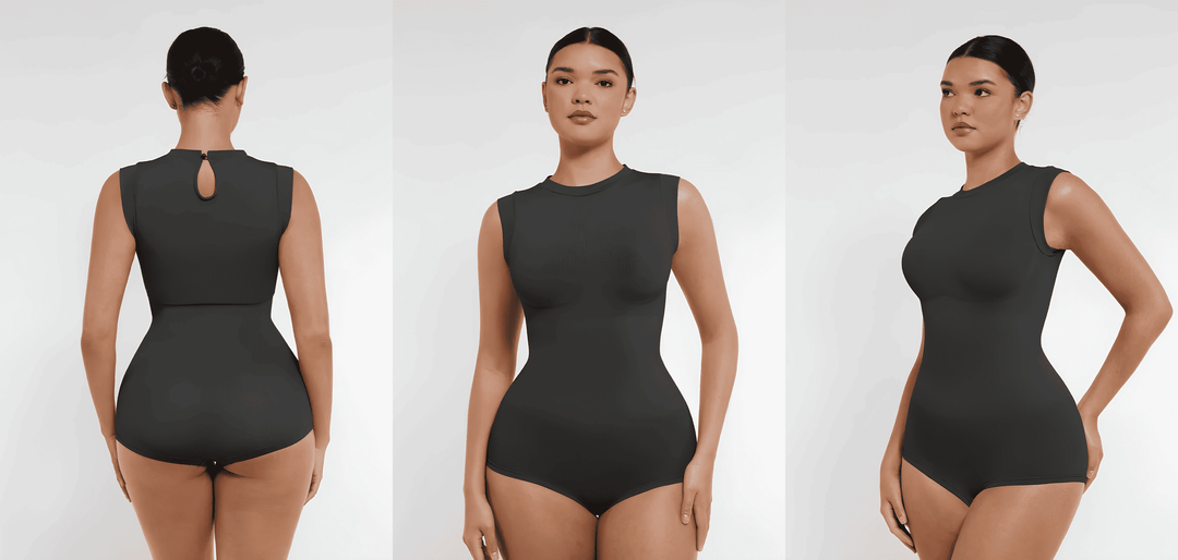 seamless shaping bodysuit on model showing front, side, and back views for a sleek sculpted fit