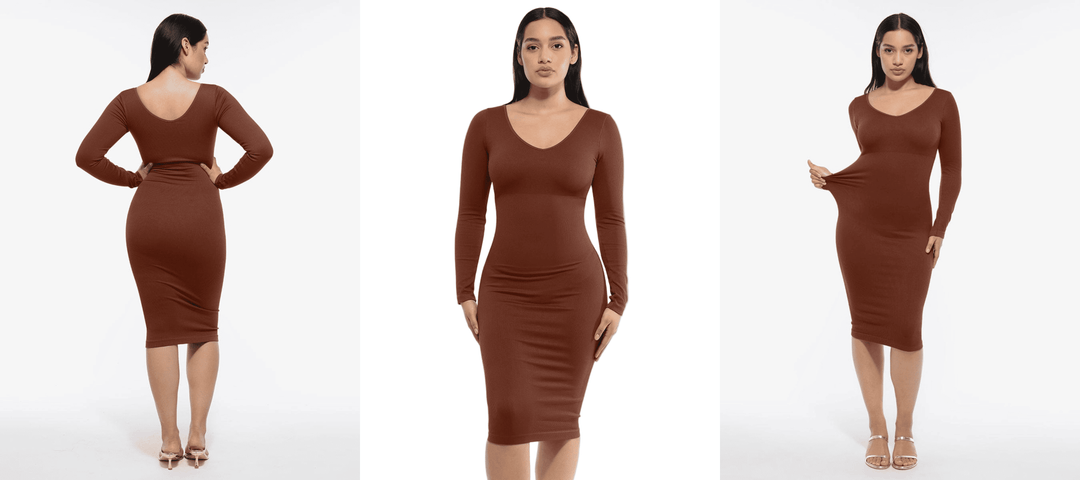 Long sleeve body shaper dress with V-neck fit, long sleeves, and midi silhouette for sleek shaping and elegant style