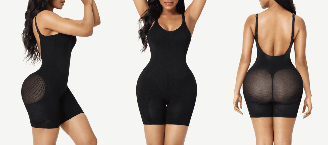 low-back seamless bodysuit with firm control and mid-thigh sculpting, shown from front, side, and back view