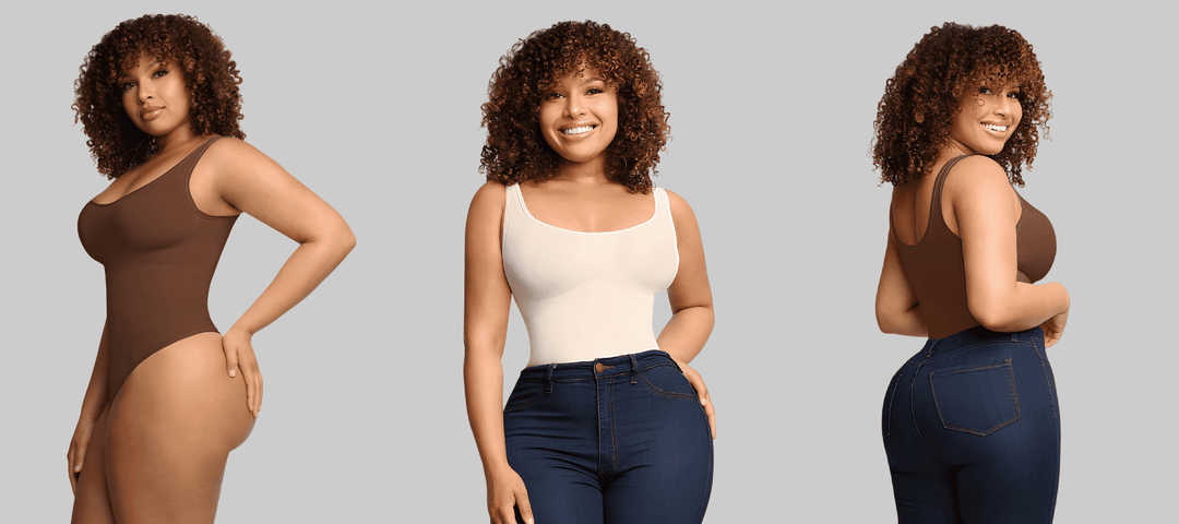 sculpt bodysuit shown on model with smooth waist, lifted curves, and versatile wear-it-like-a-top style
