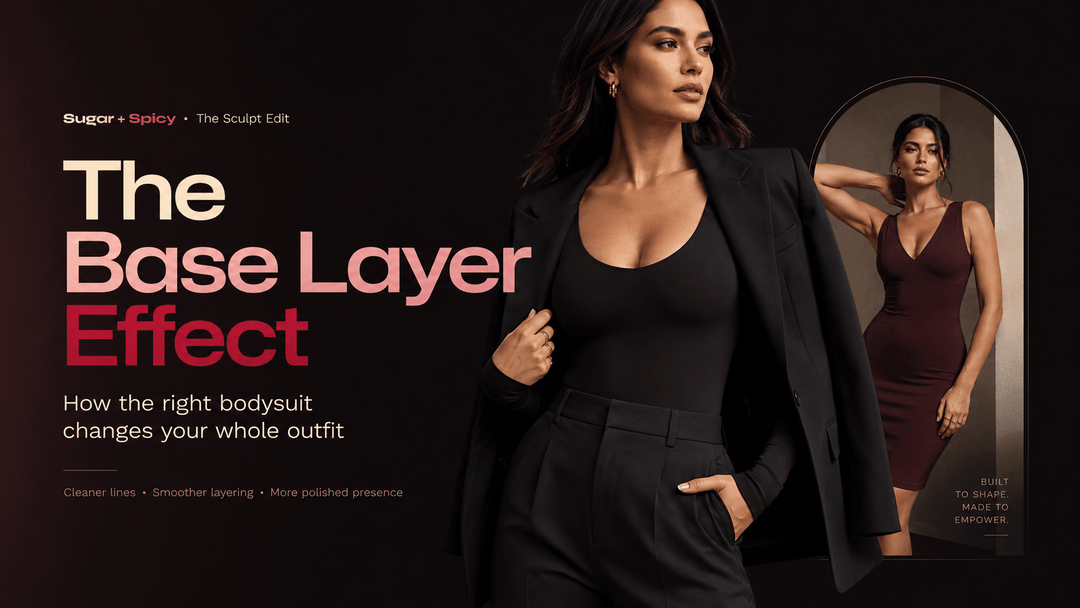 Stylish woman in black suit wearing bodysuit base layer for a polished layered outfit