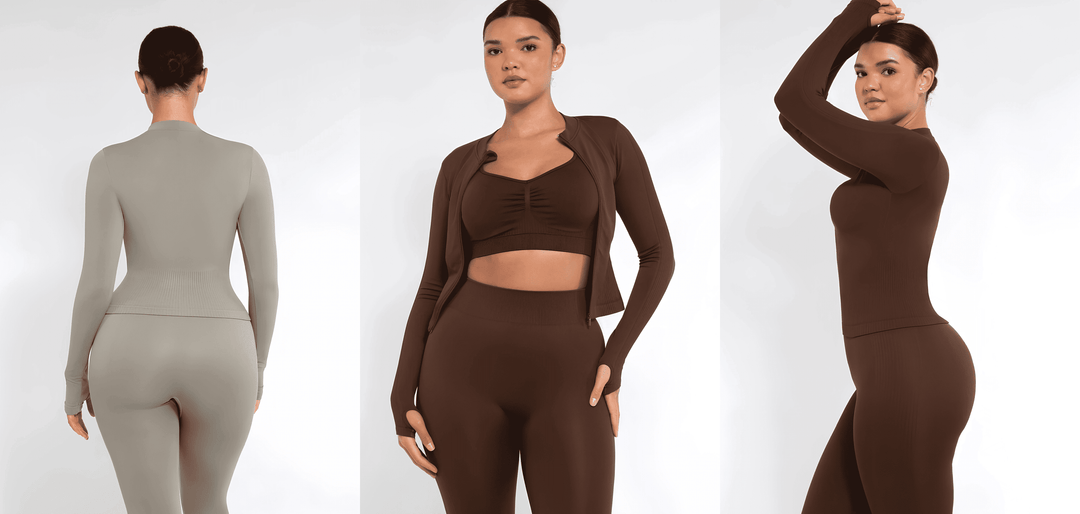 run zip top seamless light compression with thumb holes, shown on model in brown activewear set
