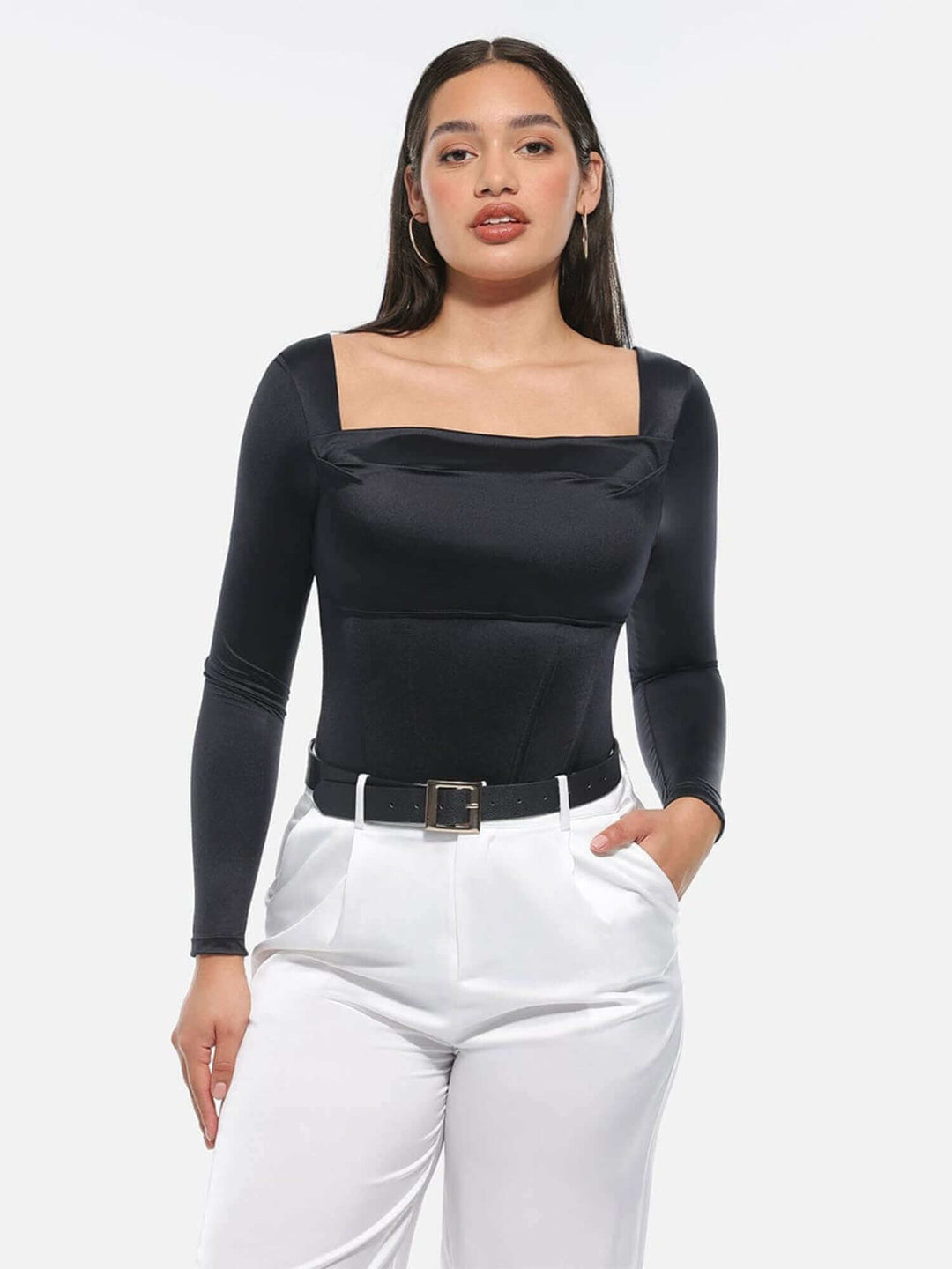 corset bodysuit black square neck long sleeve styled with white pants for a sleek retro sculpted look