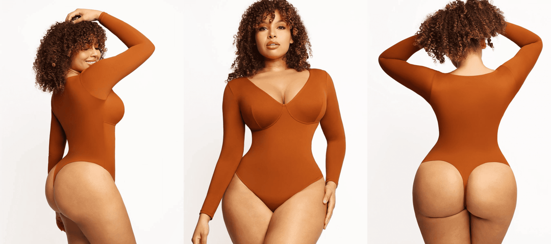 sculpting v-neck long sleeve bodysuit styled on a curvy model in front, side, and back views