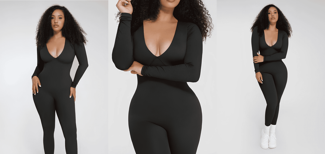 tummy control catsuit styling: black deep V catsuit with defined waist, long sleeves, and sleek fitted silhouette