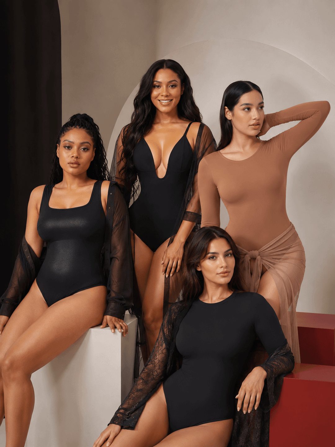sheer layering case style guide featuring four women in sheer mesh bodysuits and elegant neutral-toned fashion