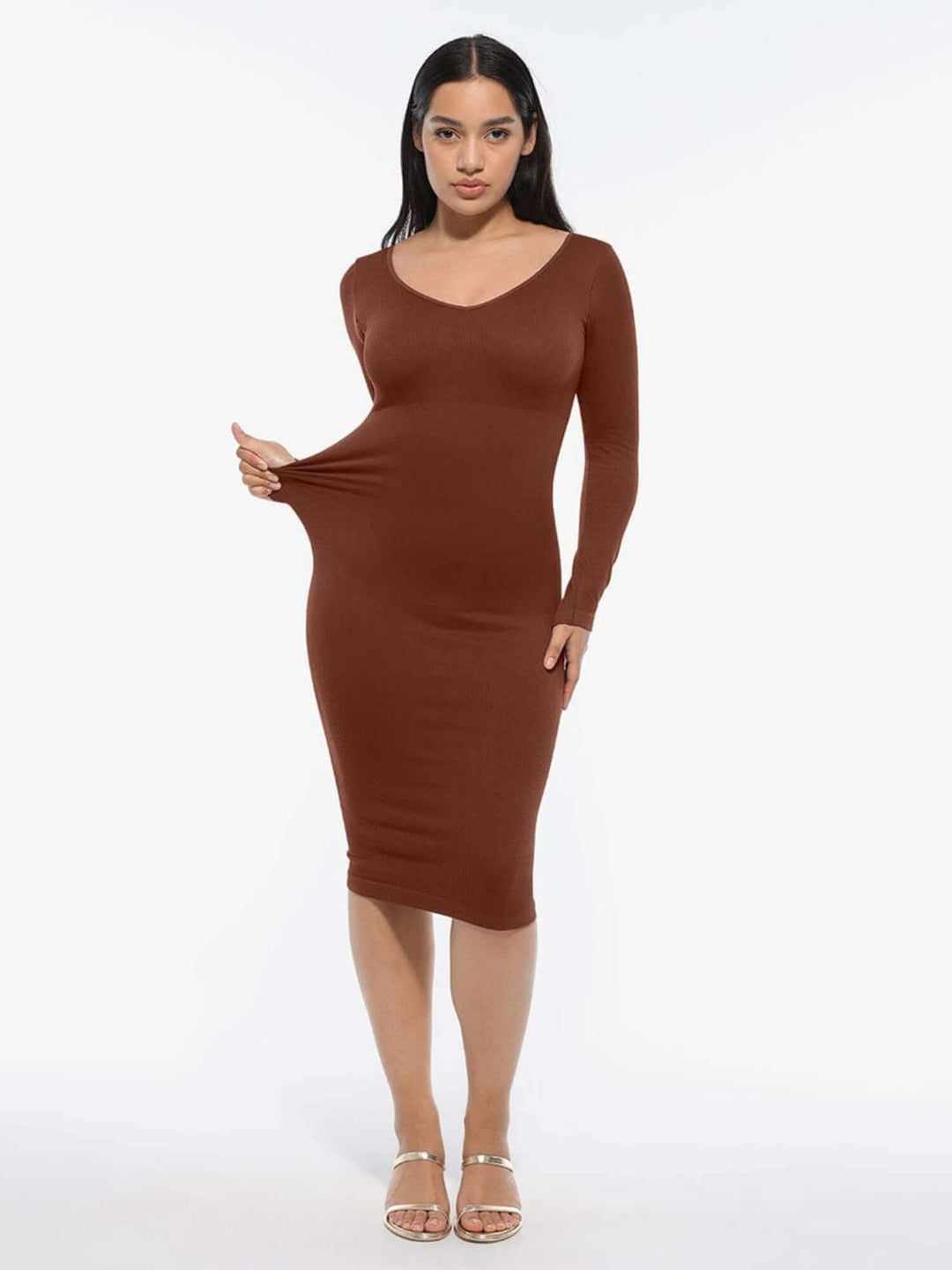 plus size lingerie and shapewear brown bodycon dress with model highlighting curve-enhancing fit and sleek silhouette