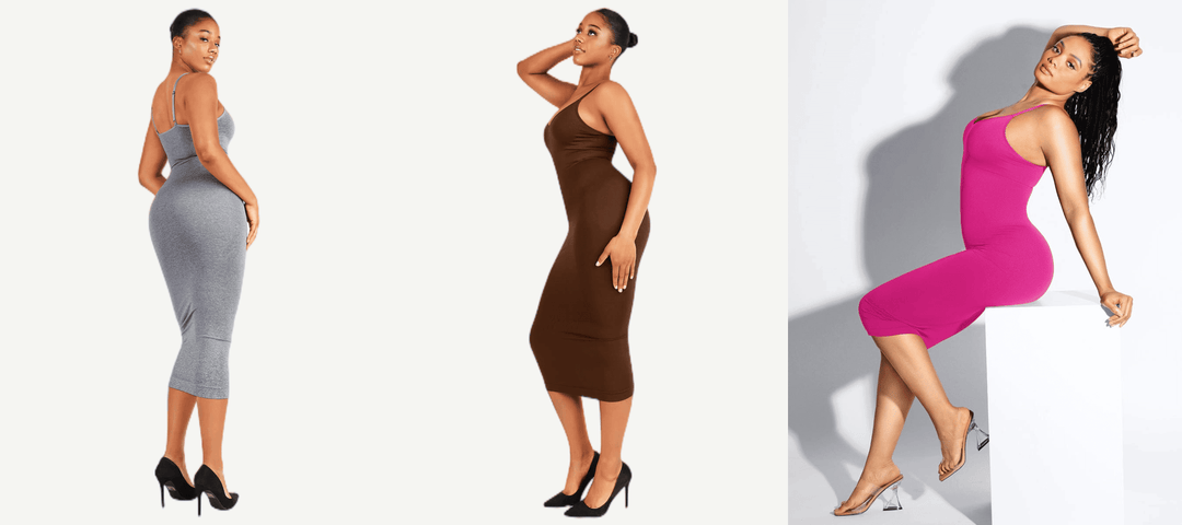 strap v-neck shaper dress showcased in three colors, sculpting maxi dress with built-in pads for a sleek fit