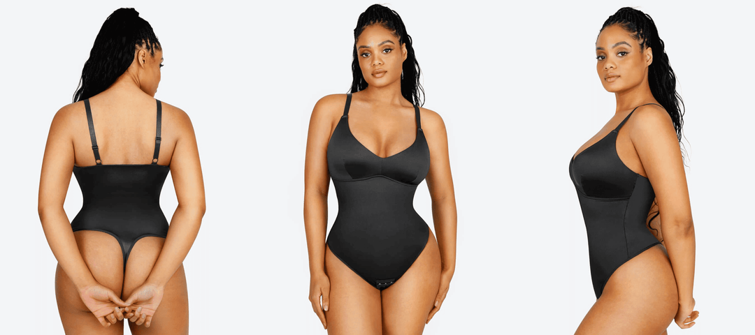 satin shaping bodysuit shown front, back, and side views for a sleek sculpting fit