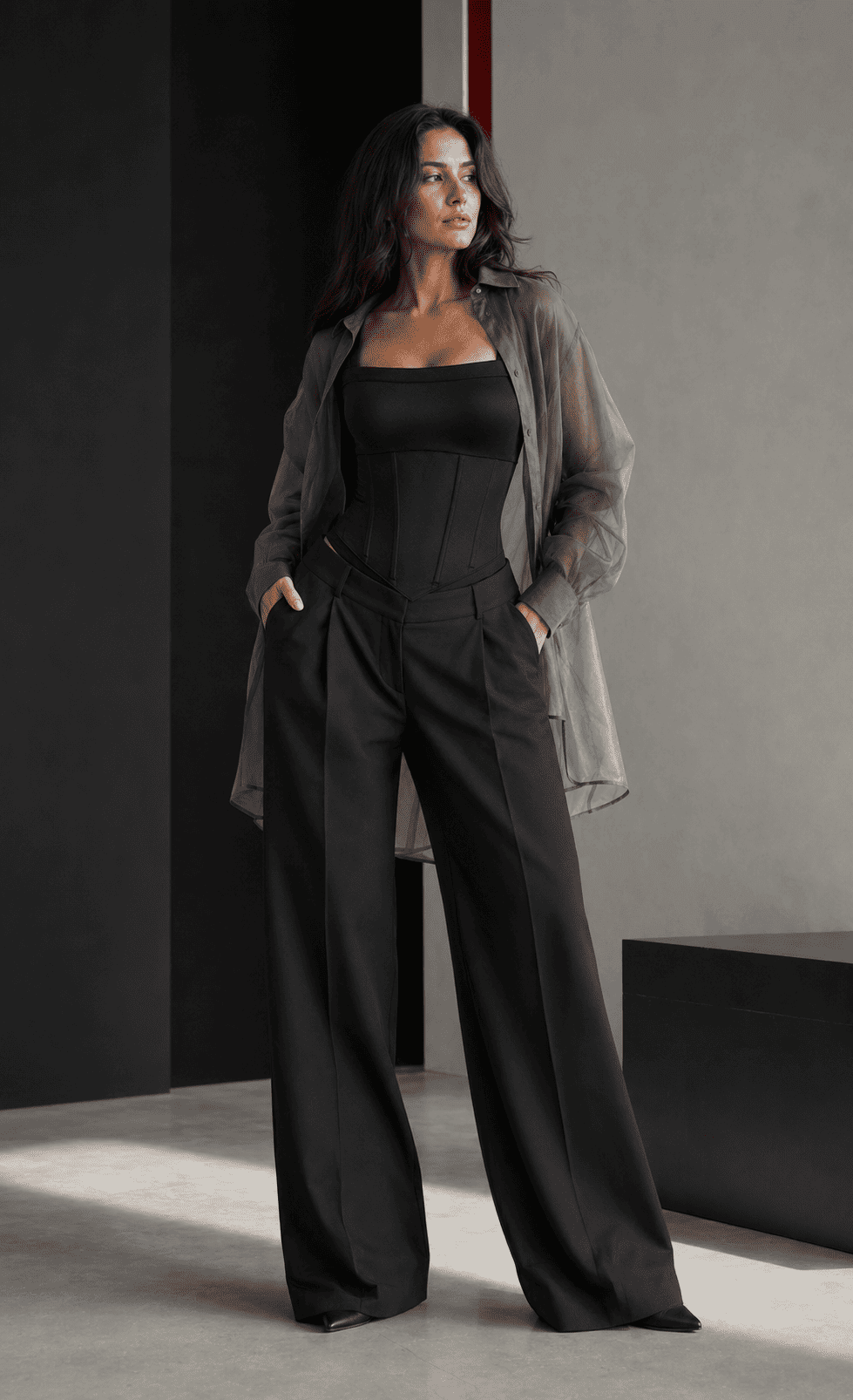 A model showcasing a trendy styling corset bodysuit with wide-leg pants.