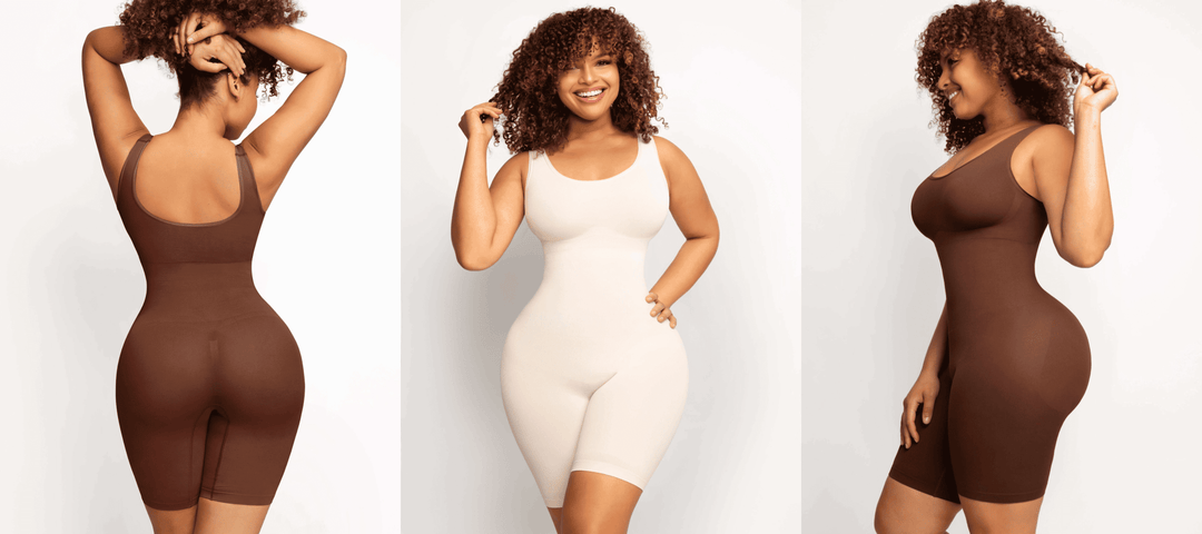 seamless sculpt bodysuit shapewear on women showing anti-roll legs and butt-lift fit in brown and beige