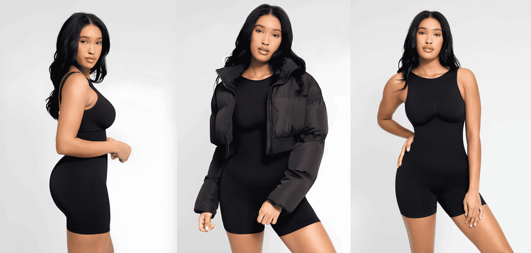 u-back sculpt bodysuit black light sculpt fit shown in three styling views for all-day comfort