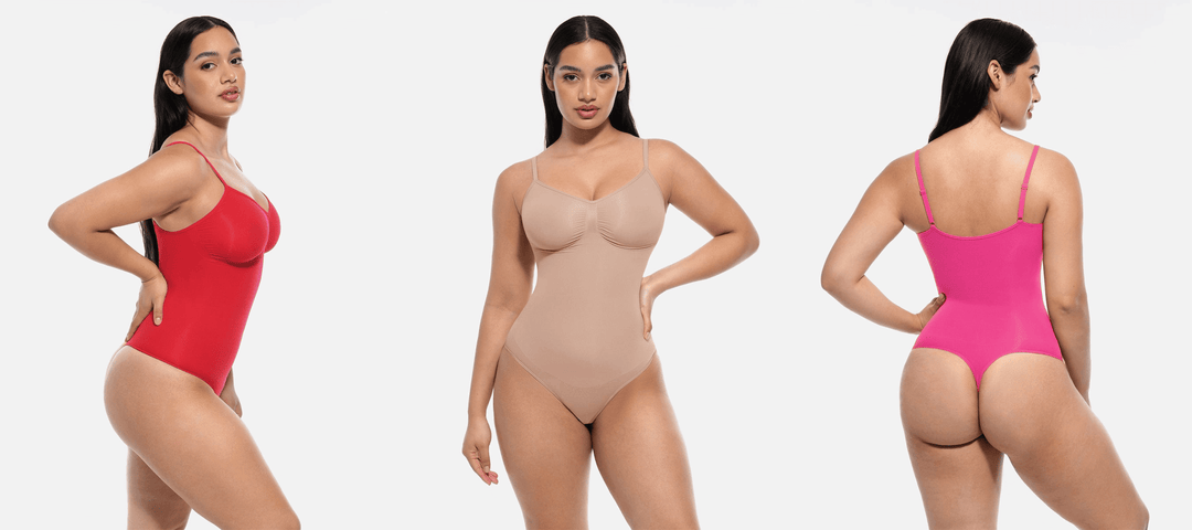 seamless covered bust bodysuit in red, nude, and pink shown front, side, and back views for a snatched fit