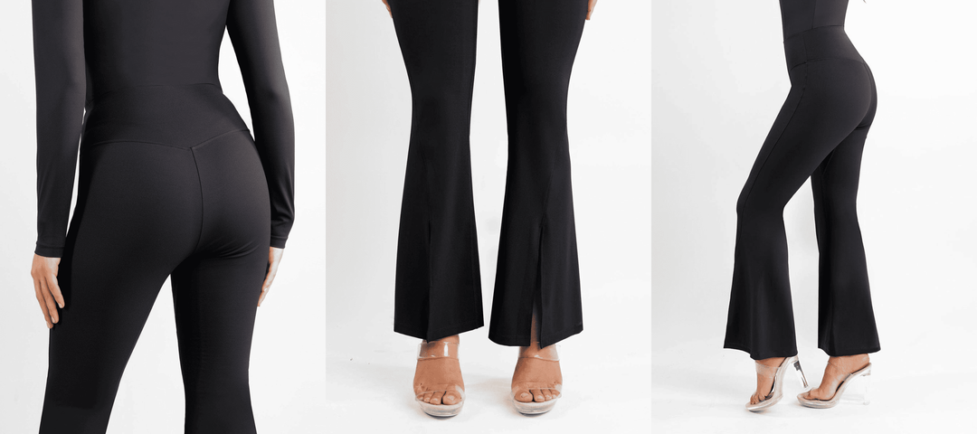 micro flare leggings styled three ways, black fitted flare pants with heels on white background