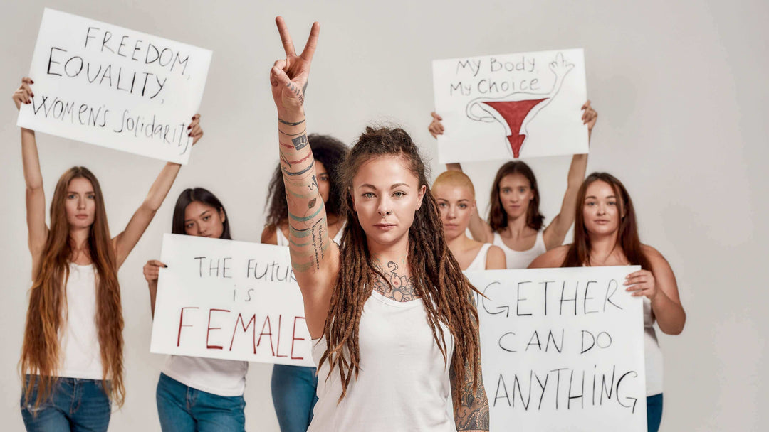 body shaper for women concept with confident women holding body positivity and empowerment protest signs