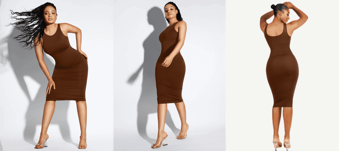 open-back control body dress model showcasing a U-back shaping midi dress in brown, front side and back views