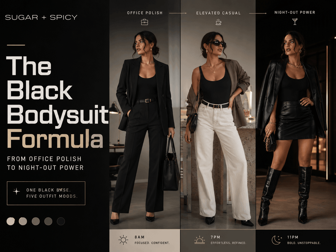 black bodysuit styled for office polish, elevated casual, and night-out power with chic versatile outfit looks