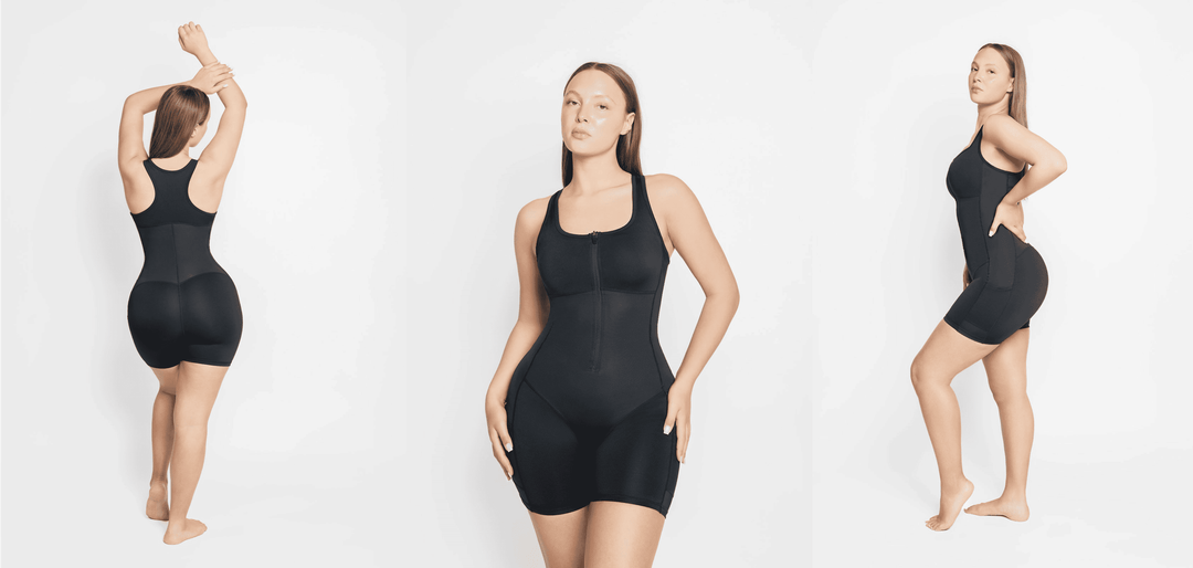 athletic sauna body shaper model wearing black bodysuit shown from front, side, and back views