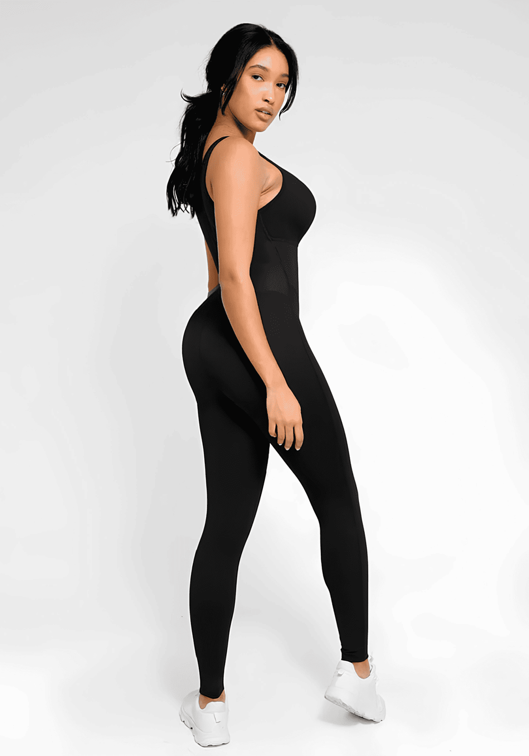 sports sauna jumpsuit black full-body shapewear workout suit for women, sleek slimming fit and athletic performance