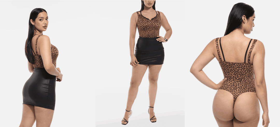 lace v-neck shaping thong bodysuit styled with black mini skirt, shown from front, side, and back views