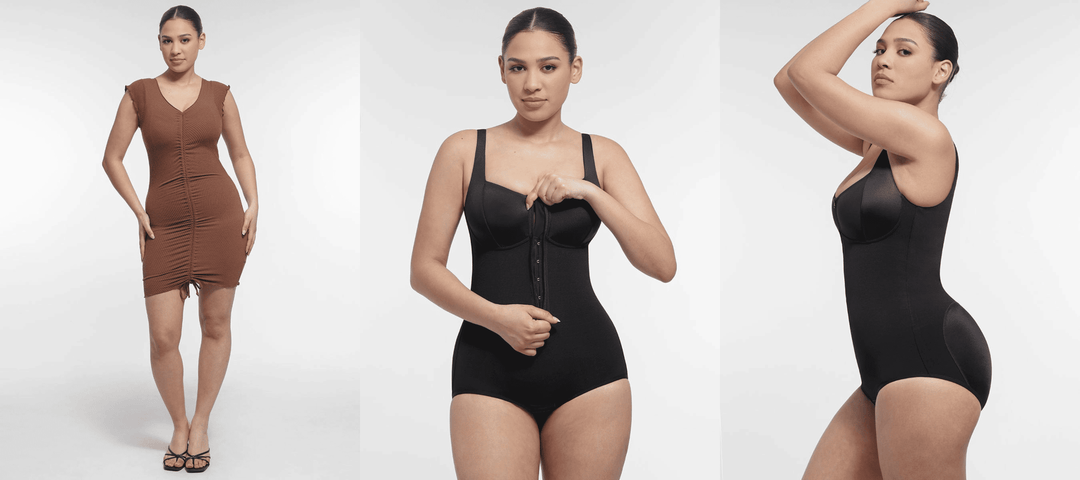tummy control bodysuit shaping waist, smoothing back and lifting curves on a model in black and brown styles