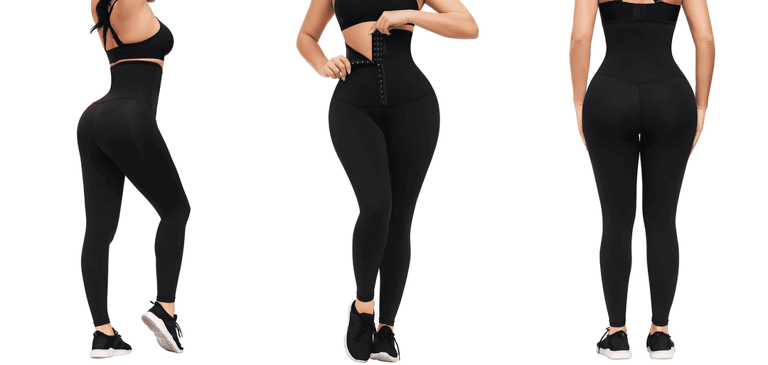 hook-and-eye waist trainer for medium compression and snatched waist, black shapewear shown from front, side, and back