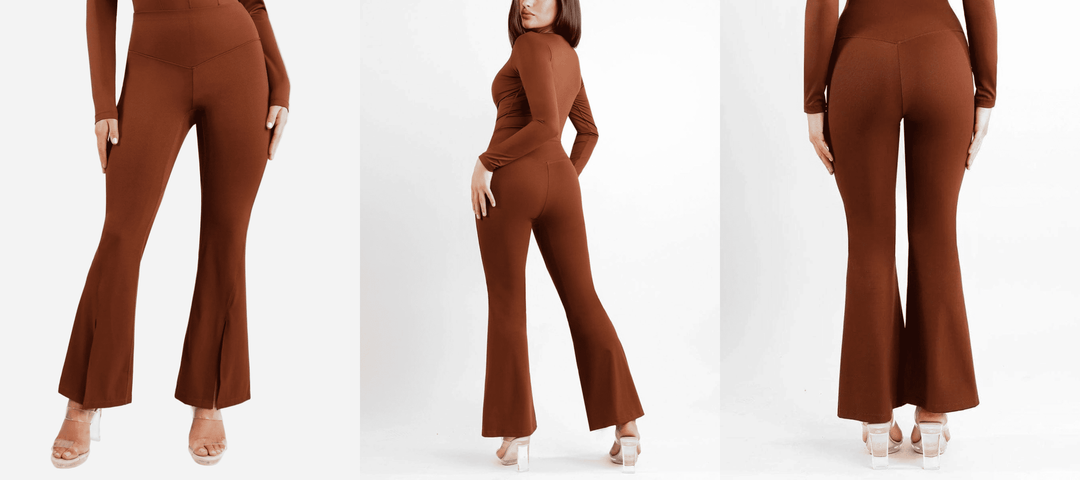 high waisted front slit leggings in rust brown, front and back view, flattering flared fit with side slit detail