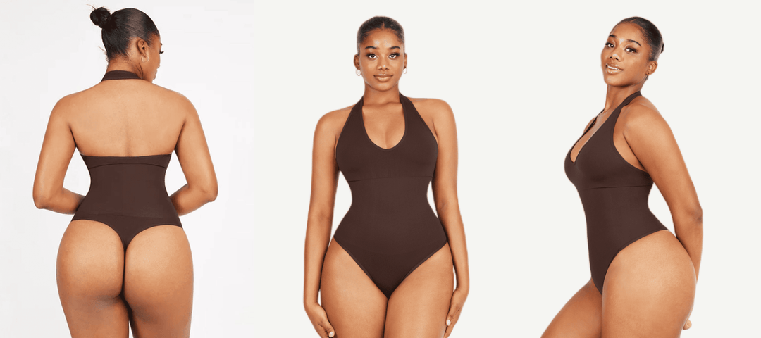 hanging neck shapewear bodysuit in deep-V sculpting design shown on model from front, back, and side
