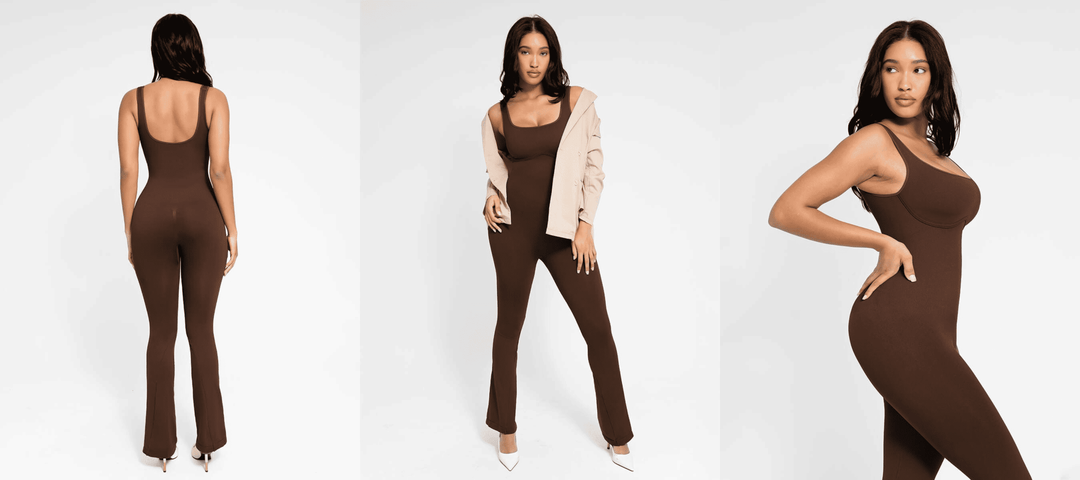 sculpting flared jumpsuit styled on model showing back, front, and side views for a sleek fitted look