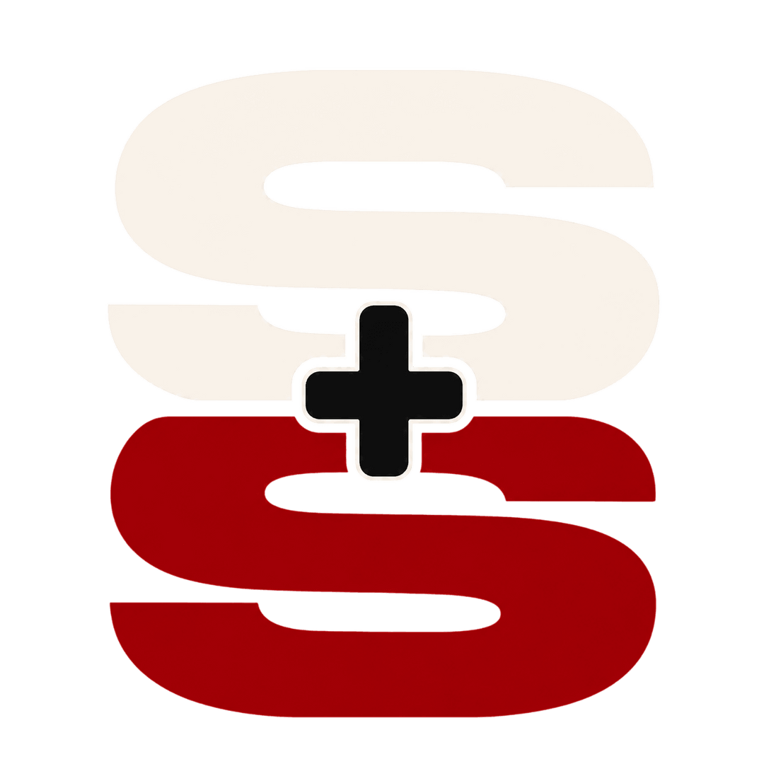 shapewear mood guide logo with stylized white and red letters and a plus sign