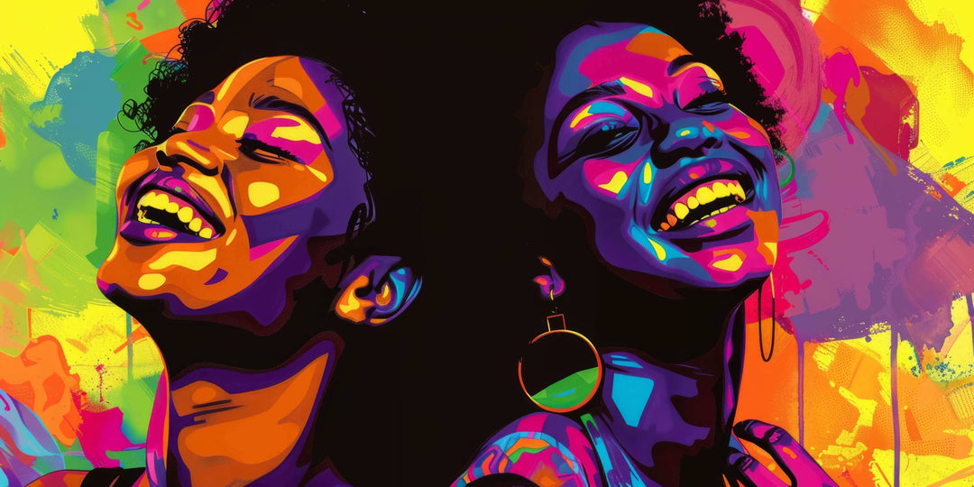 business casual bodysuits for Black women: vibrant confident portrait of two smiling Black women in colorful fashion art