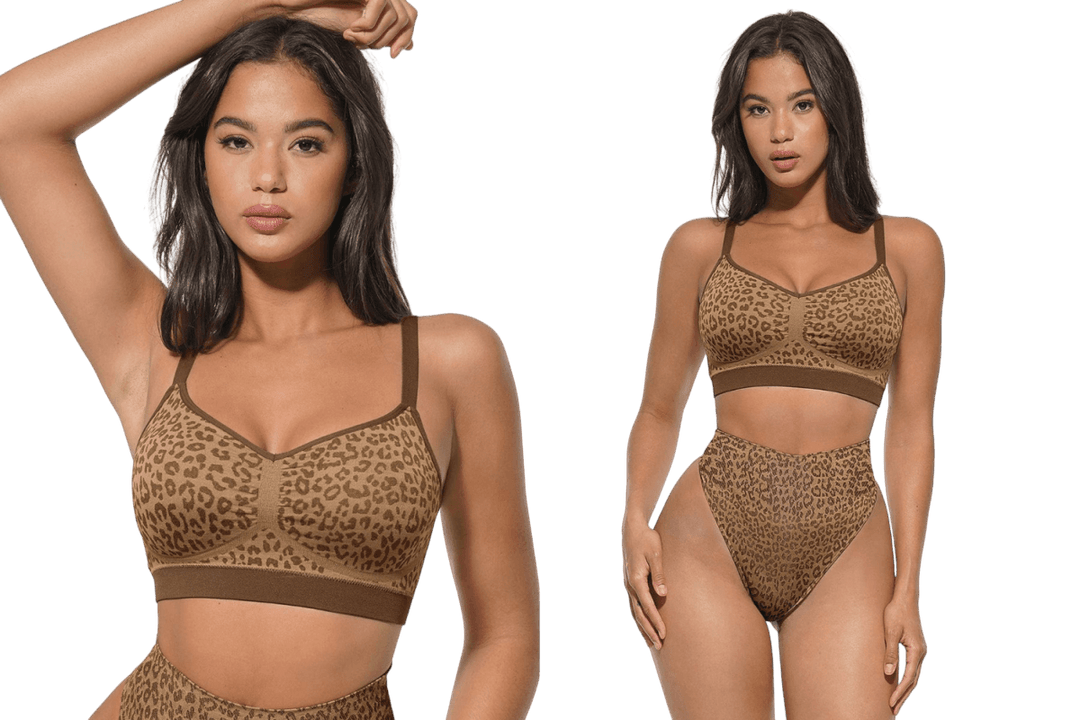 leopard print seamless support bra on model in matching set, fierce and flattering lingerie style