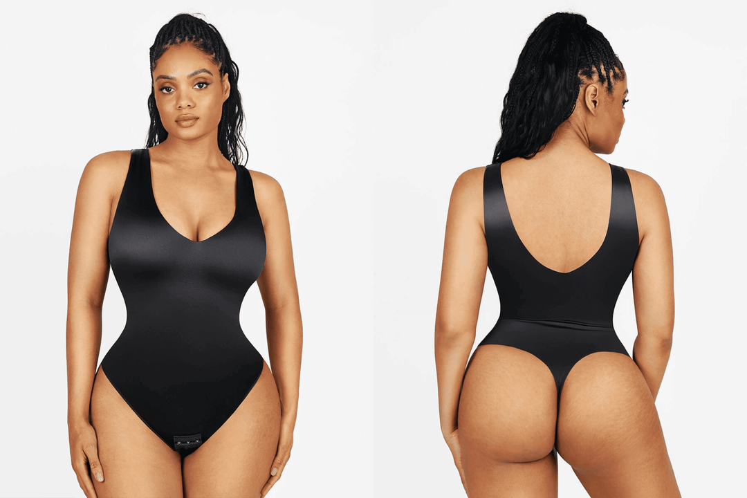 satin deep v-neck bodysuit in black, front and back view of luxe pearl-satin shapewear top for a sleek silhouette