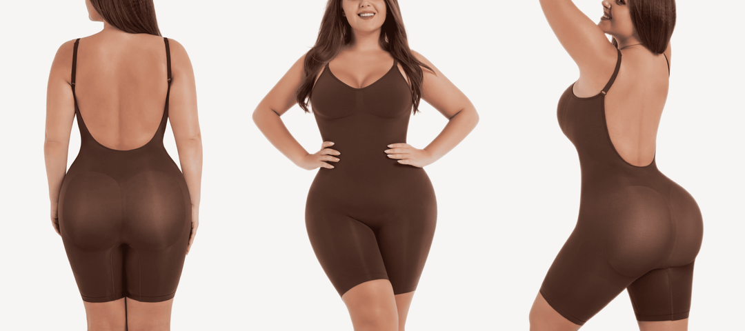 low back shapewear bodysuit with seamless tummy and waist control, shown front and back on model