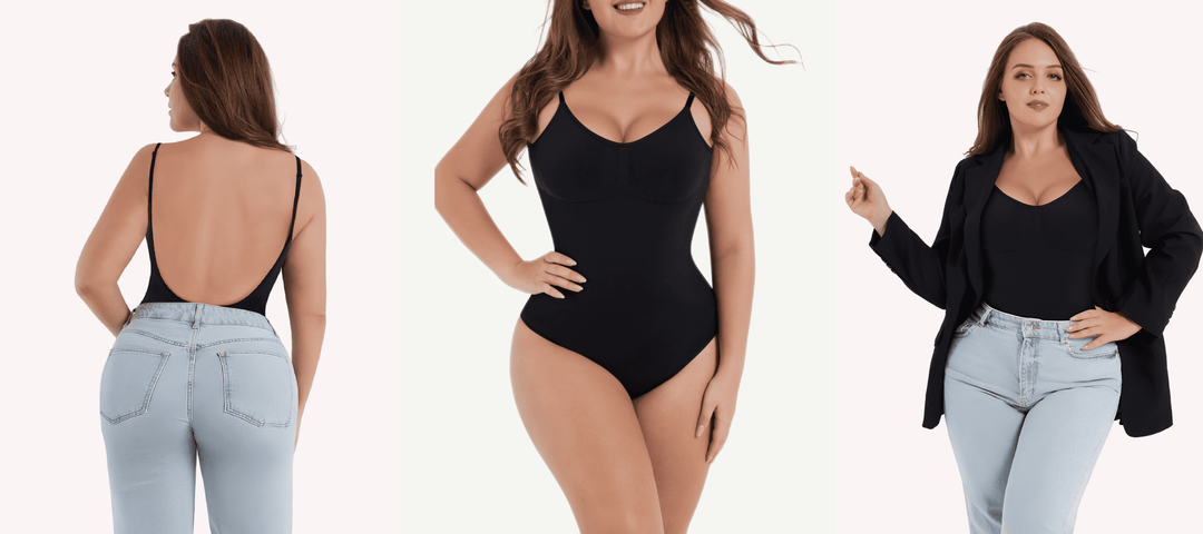 open-back bodysuit with low-back smoothing shaper and underbust support, shown front and back on model