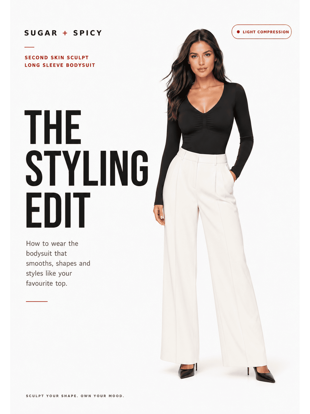Stylish sculpting long-sleeve bodysuit showcasing a model in a fitted bodysuit and stylish pants.