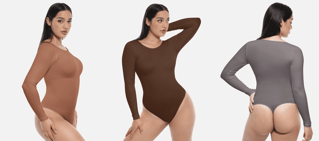 long sleeve tummy control bodysuit with crew-neck thong design for a sleek, shaping fit and all-day comfort