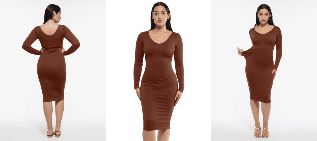 Long sleeve body shaper dress with V-neck fit, long sleeves, and midi silhouette for sleek shaping and elegant style