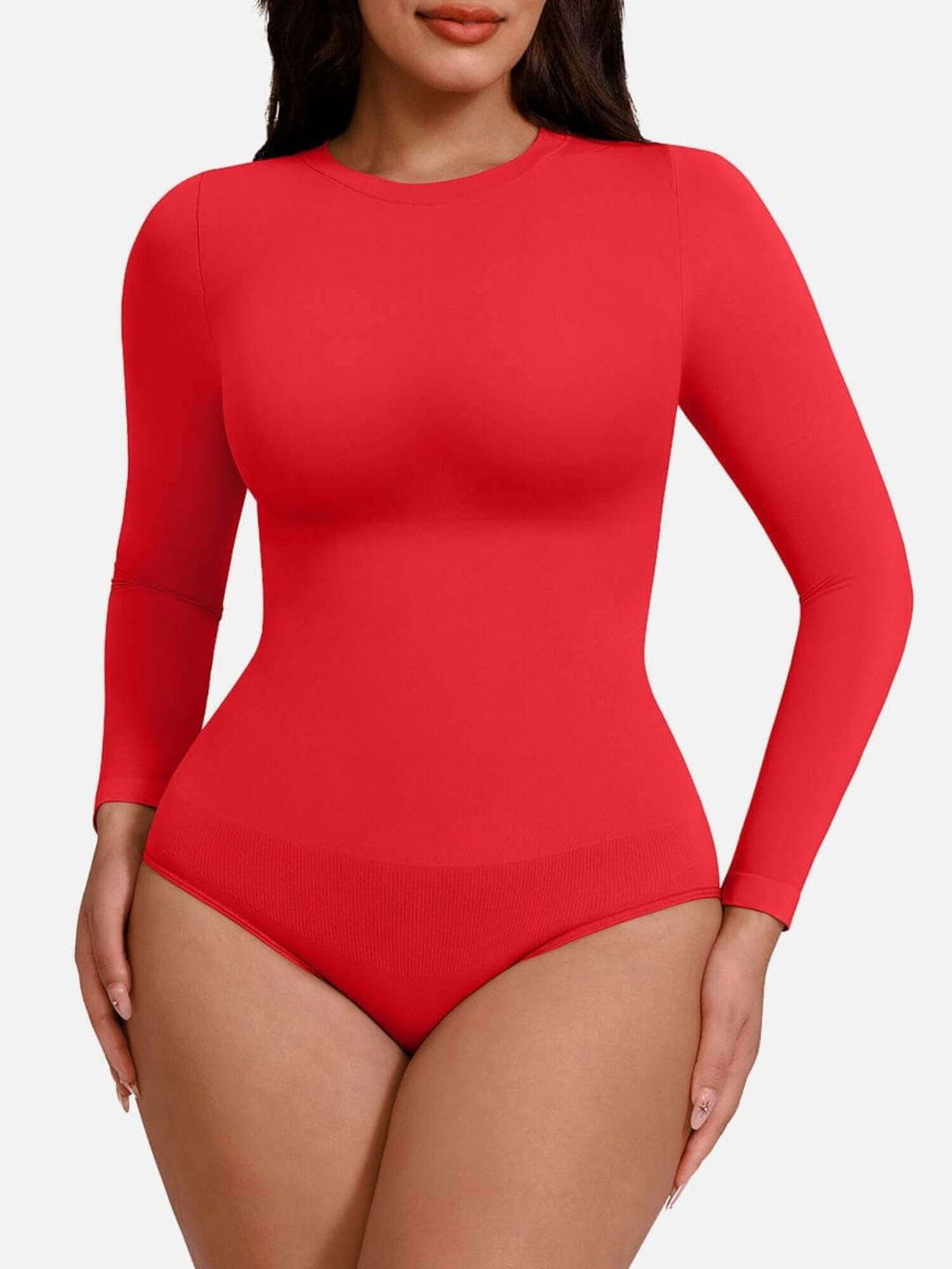 long sleeve bodysuit styling in a sculpted seamless red bodysuit for a sleek fitted look
