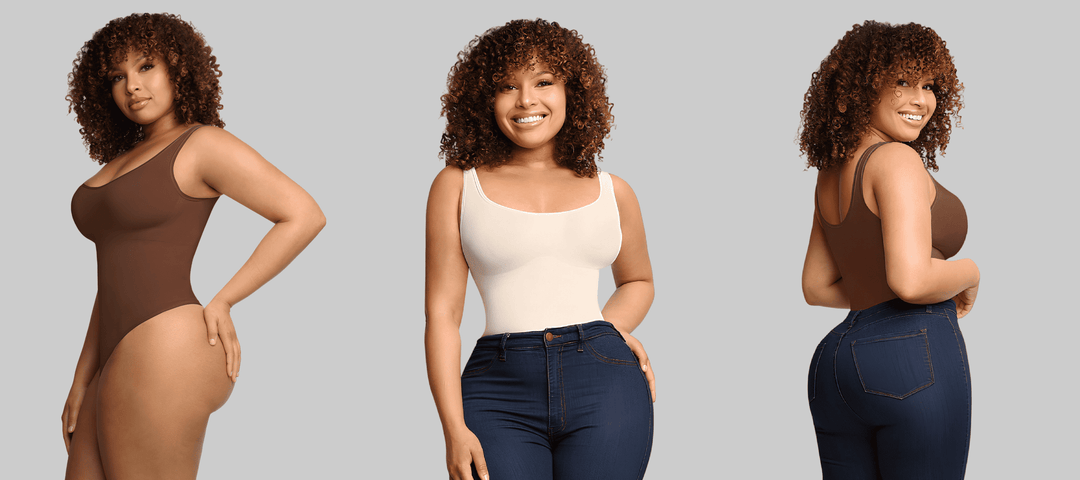 sculpt bodysuit shown on model with smooth waist, lifted curves, and versatile wear-it-like-a-top style