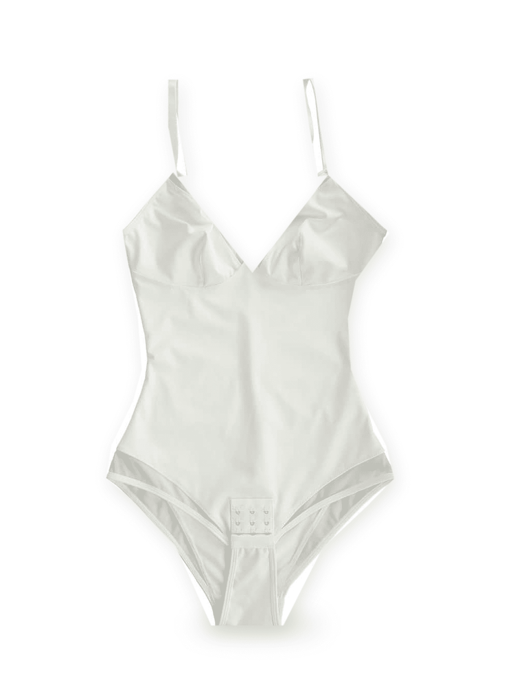 A white one-piece swimsuit with thin shoulder straps, a V-neckline, and a three-button snap closure at the crotch, shown flat against a white background.