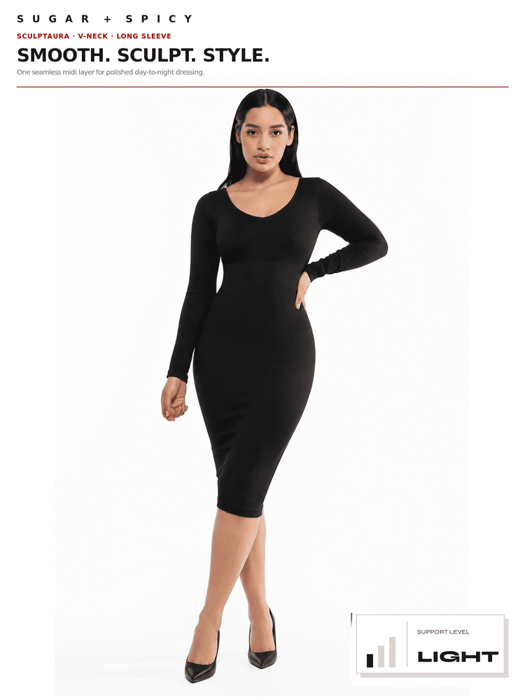 A woman modeling a fitted black long-sleeve midi dress against a plain white background, with text at the top reading 'SUGAR + SPICY' and a support level badge at the bottom right.